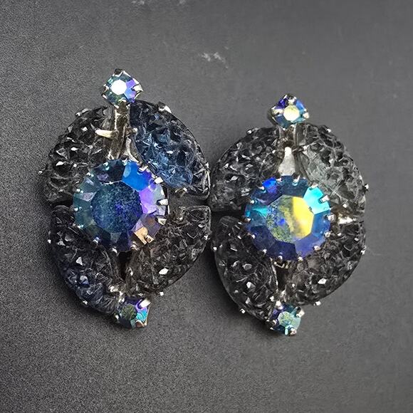Blue Aurora Borealis Lava Glass Rhinestone Earrings Clip Vintage Jewelry - Picture 1 of 10